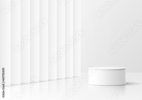 White cylinder pedestal podium 3D background with perspective neon lighting and partition. Mockup product display presentation. Abstract minimal wall scene. Stage showcase. Platforms vector geometric.