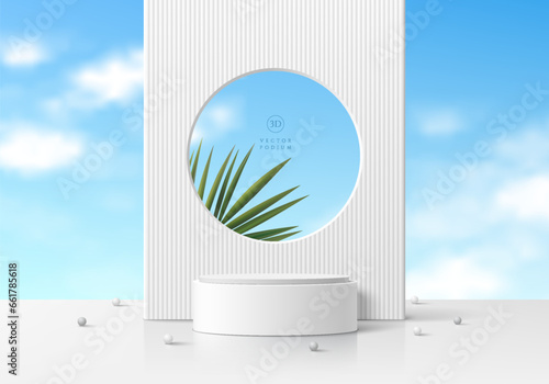 3D white cylinder pedestal podium background with palm leaf and cloud, blue sky wall scene. Abstract minimal mockup or product display presentation, Stage showcase. Platforms vector geometric design.