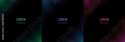Set of abstract pink, blue and green wavy lines pattern in corner on black background with copy space. Collection of illuminate wave line neon color in futuristic technology concept. Vector EPS10.