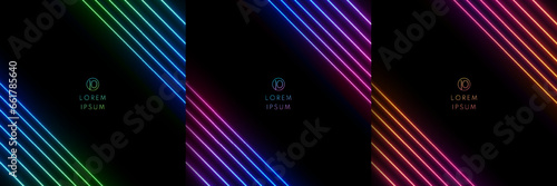 Set of abstract pink, blue, green, golden glowing neon lighting lines pattern on black background. Collection of illuminate speed line with copy space in futuristic technology concept. Vector EPS10.