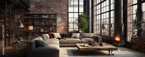 Living room loft in industrial style