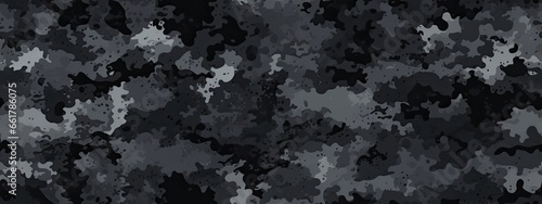 Seamless rough textured military, hunting or paintball camouflage pattern in a dark black and grey night palette. Tileable abstract contemporary classic camo fashion textile surface design texture photo