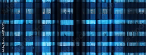 Seamless skyscraper facade with blue tinted windows and blinds at night. Modern abstract office building background texture with glowing lights against dark black exterior walls
