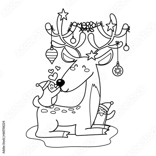 Illustration in black and withe of a reindeer with antlers decorated with Christmas balls and the phrase Merry Christmas and a penguin kisses him on the nose and another one hides behind him