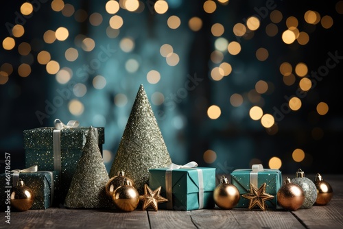 Merry Christmas or Happy New Year! Christmas gift boxes and christmas tree on wooden table against defocused lights. A Cozy Turquoise Christmas Background with Bokeh Lights and Christmas Tree