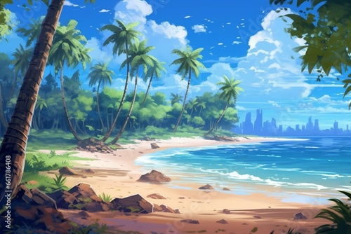 An inspiring beach with anime-style palm trees overlooking the ocean. Generative AI
