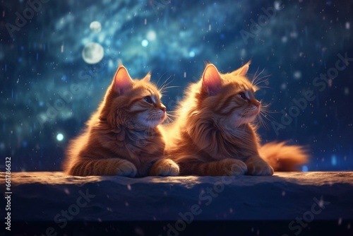 Adorable kittens on a starry sky background. Generative AI