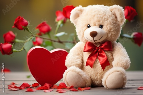 adorable teddy in love with heart background and bouquet. Generative AI © Melisande