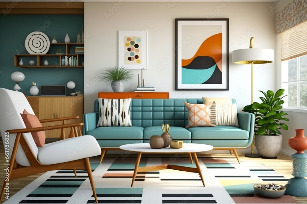 Fototapeta premium Mid-Century Modern Living Room - Timeless Elegance with a Retro Twist