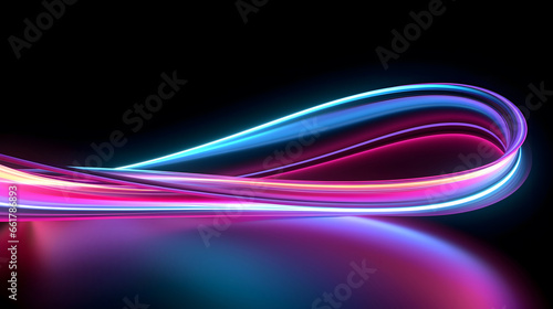 Abstract neon background. Fluorescent lines glowing in the dark room with floor reflection. Virtual dynamic ribbon. Fantastic panoramic wallpaper. Energy concept, futuristic background