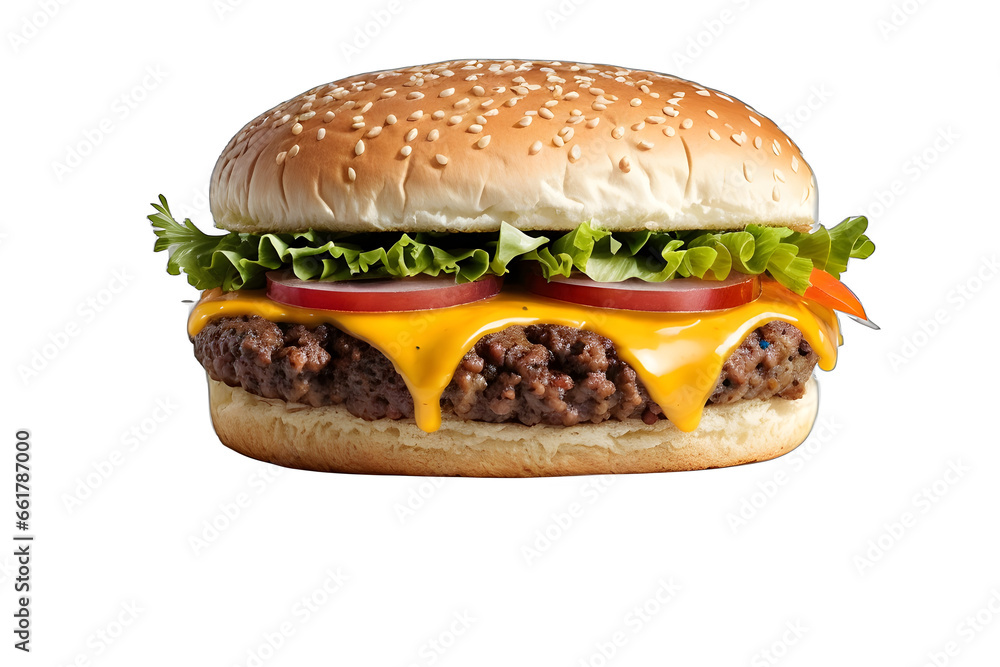 Juicy hamburger isolated on white background. Generative AI. Juicy hamburger isolated on white background. Generative AI.