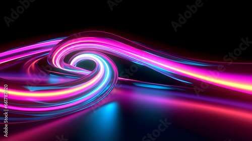 Abstract neon background. Fluorescent lines glowing in the dark room with floor reflection. Virtual dynamic ribbon. Fantastic panoramic wallpaper. Energy concept, futuristic background