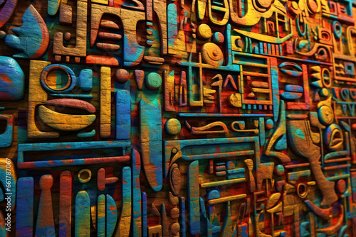 An abstract depiction of ancient Egyptian hieroglyphics  with stylized symbols and vibrant colors. 