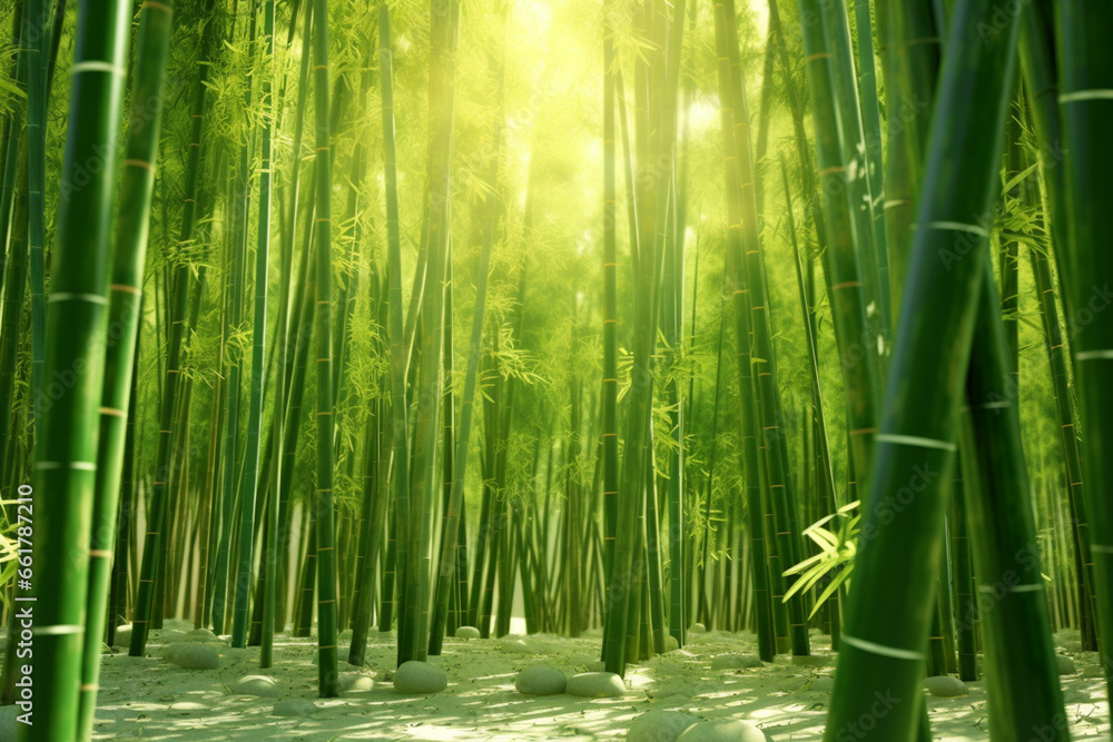 An image featuring abstract interpretations of a lush bamboo forest, with tall stalks and vibrant green tones. An image featuring abstract interpretations of a lush bamboo forest, with tall stalks and vibrant green tones.