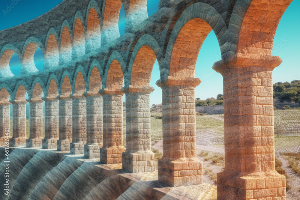 An image featuring abstract interpretations of a Roman aqueduct, with arching lines and cool blues