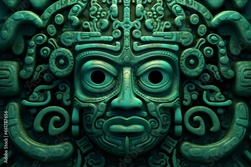 An image showcasing abstract interpretations of Olmec jade art, with intricate patterns and vibrant green hues. 