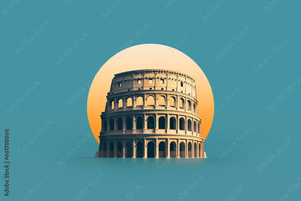 A minimalist graphic design of the Colosseum, featuring clean lines and simplified geometric forms.