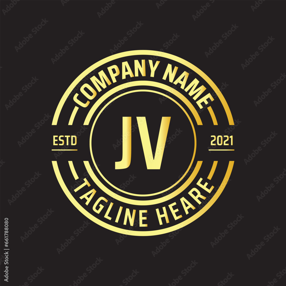 Professional simple Letter JV Circle Luxury Gold Color Vector Logo Template