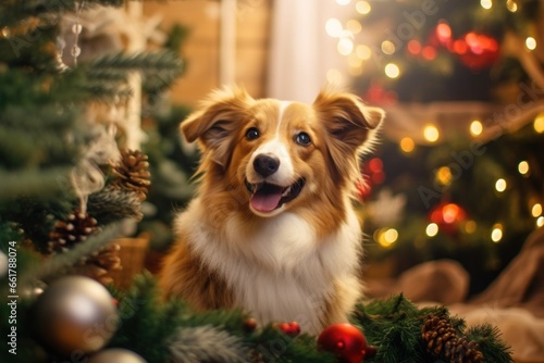 dog with Christmas tree