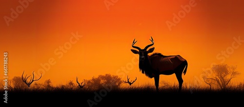 Silhouetted wildebeest against orange sunset sky With copyspace for text