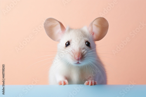 Cute white mouse on pastel peach colored background © Firn