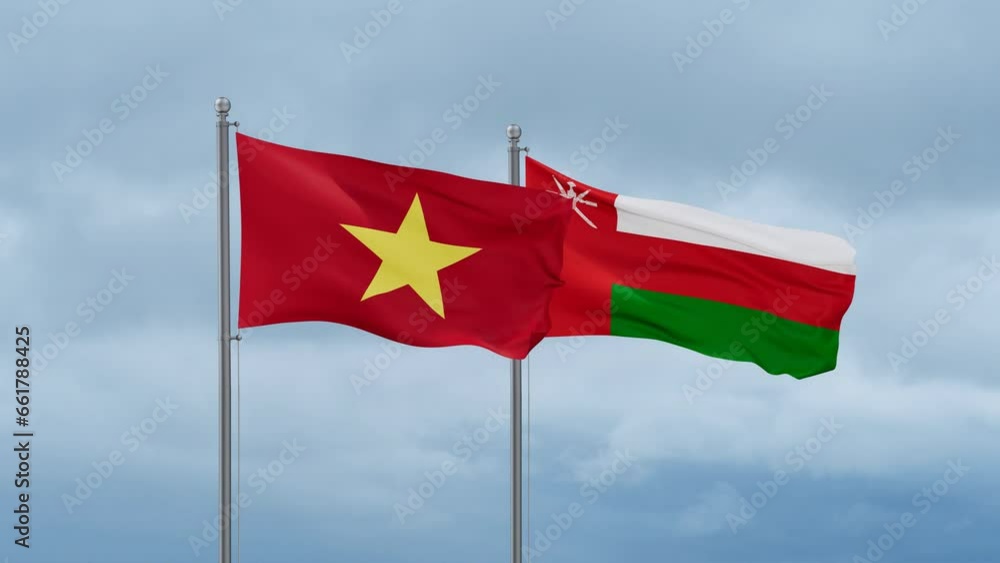Oman and Vietnam flag waving together on cloudy sky, endless seamless loop, two country cooperation concept Oman and Vietnam flag waving together on cloudy sky, endless seamless loop, two country cooperation concept