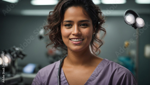 Dottoressa di origini brasiliane in ospedale in sala operatoria con camice photo