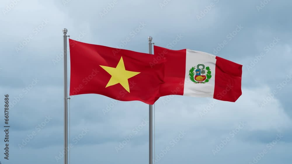 Peru and Vietnam flag waving together on cloudy sky, endless seamless loop, two country cooperation concept Peru and Vietnam flag waving together on cloudy sky, endless seamless loop, two country cooperation concept