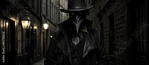 Spooky Plague Doctor in Edinburgh s Old Town captured in a black and white photo with dramatic lighting With copyspace for text