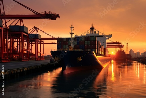 Truck, ship port, logistics, transportation, cargo ship, cargo plane, crane bridge, shipyard, sunrise, import export. Generative AI