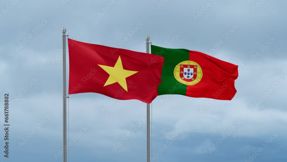 Portugal and Vietnam flag waving together on cloudy sky, endless seamless loop, two country cooperation concept Portugal and Vietnam flag waving together on cloudy sky, endless seamless loop, two country cooperation concept