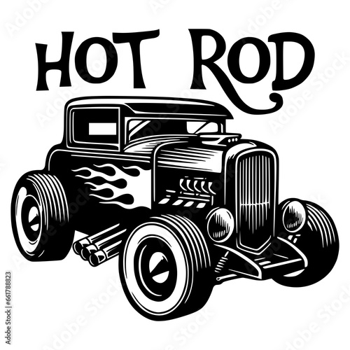 Hot rod retro car vector illustration. Vintage hot rod custom car. Classic hot rod car illustration for t-shirt design, print, emblem, logo, sticker, poster