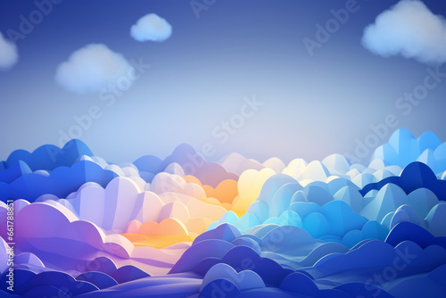 3D bokeh of clouds and rainbow light, blending realism with stylization, portraying nature in shaped canvas with soft edges and luminous shadows