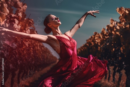 Female dancer in red dress. Dancing sensual performance of elegant woman. Generate ai