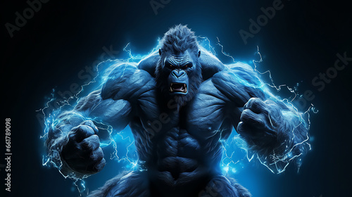  a muscular monkey with a blue electrical emission generation ai