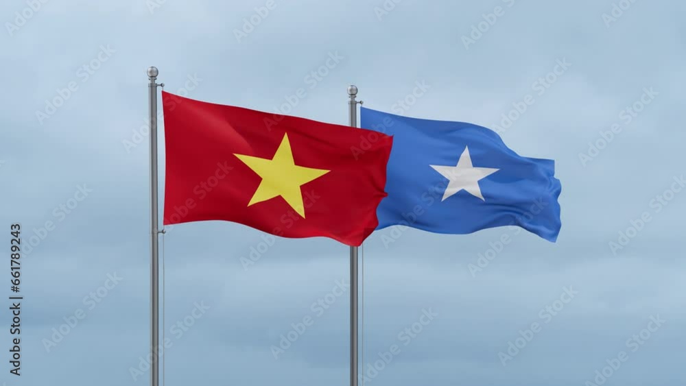 Somalia and Vietnam flag waving together on cloudy sky, endless seamless loop, two country cooperation concept Somalia and Vietnam flag waving together on cloudy sky, endless seamless loop, two country cooperation concept