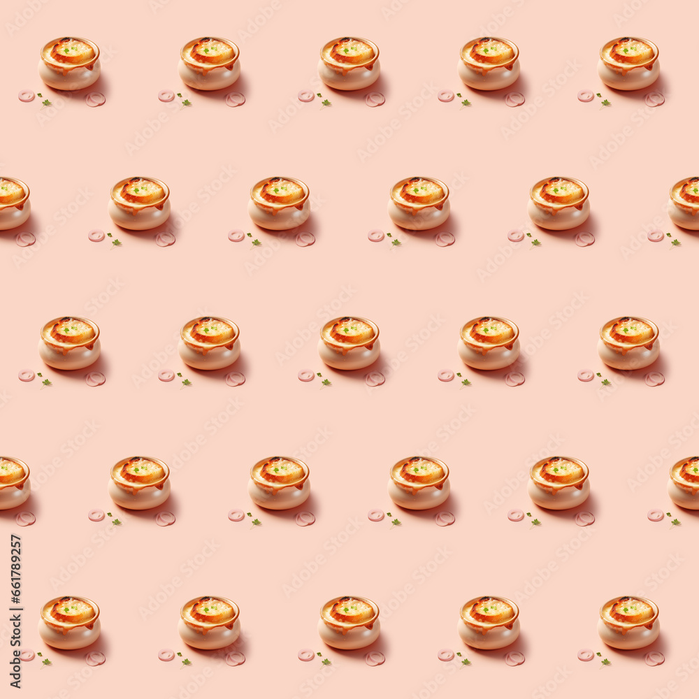 Delicious French Onion Soup food seamless photo pattern on a solid color background Delicious French Onion Soup food seamless photo pattern on a solid color background