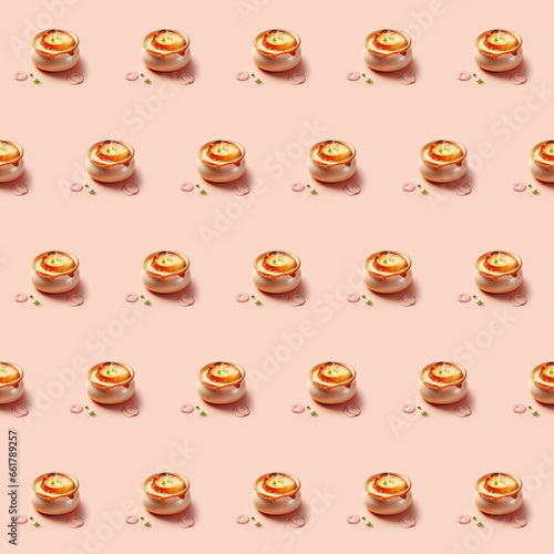 Delicious French Onion Soup food seamless photo pattern on a solid color background