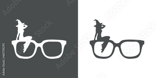 Logo con silueta de bruja sexy con sombrero sentada en gafas de sol para su uso en invitaciones y tarjetas de Halloween