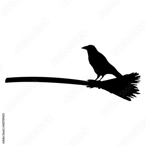 Logo con silueta de cuervo negro en escoba de bruja para su uso en invitaciones y tarjetas de Halloween