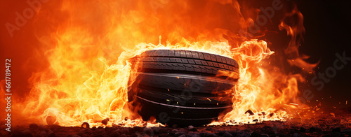 Car tire in fire background