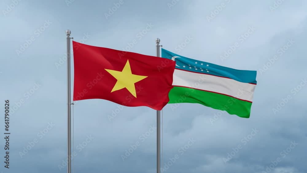 Republic of Uzbekistan and Vietnam flag waving together on cloudy sky, endless seamless loop, two country cooperation concept Republic of Uzbekistan and Vietnam flag waving together on cloudy sky, endless seamless loop, two country cooperation concept