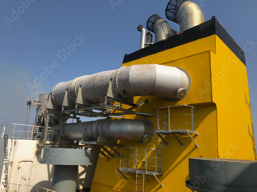 Photos The exhaust gas scrubber system on board a ship