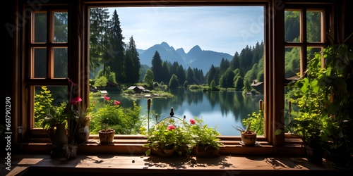 a window with a view of a lake and mountains. Window view from wooden window .