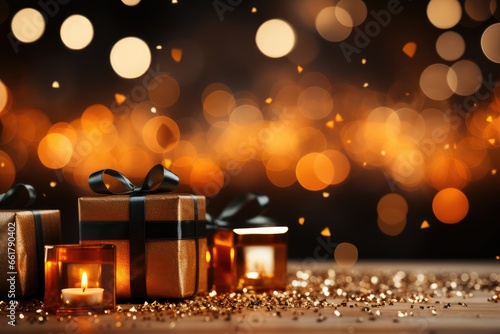 Gift boxes and candles on bokeh background. Christmas and New Year concept. A Cozy Orange Christmas Background with Bokeh Lights and Christmas Tree