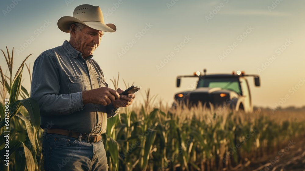 Portrait of farmer in front of combine harvester with his smartphone