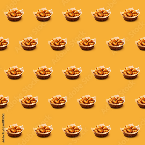 Delicious Fried Chicken Wings food seamless photo pattern on a solid color background