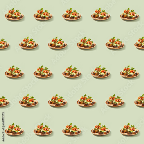 Delicious Avocado Toast food seamless photo pattern on a solid color background