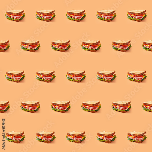 Delicious Sandwich food seamless photo pattern on a solid color background