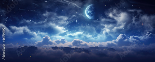 Moon in starry night over clouds 